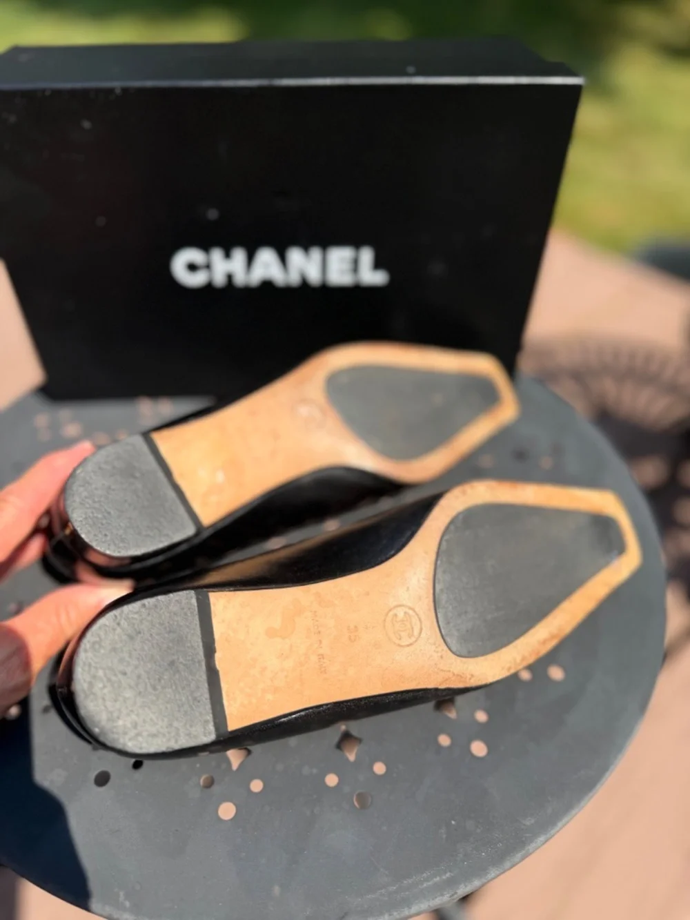 Chanel black leather square toe loafers with gold buckle size 35